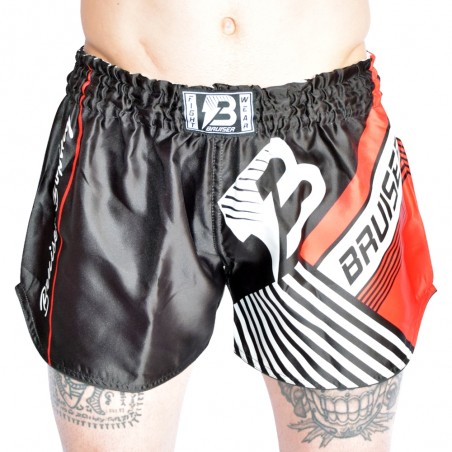 Pantaloncino thai kickboxing in satin bruiser fury nero rosso PAN-3703