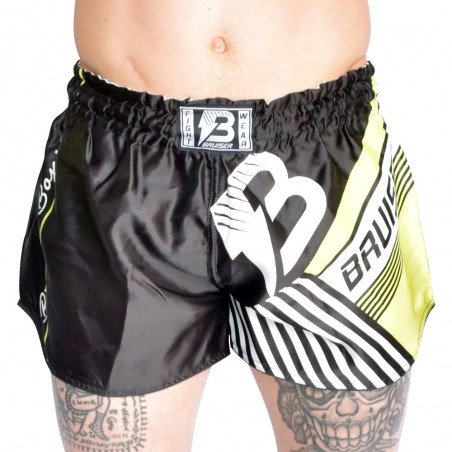 Pantaloncino thai kickboxing in satin bruiser fury nero giallo PAN-3704